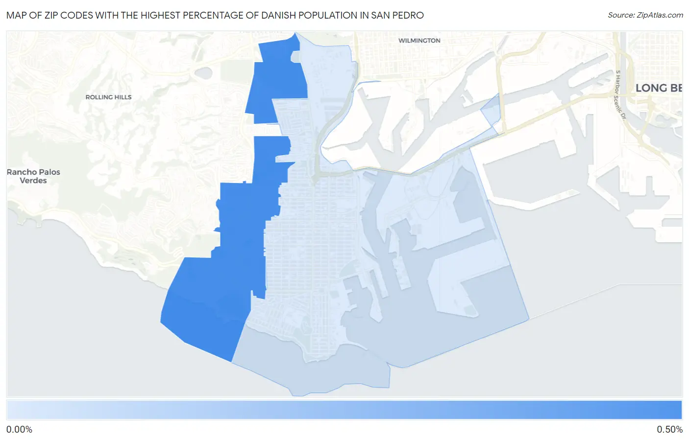 Zip Codes with the Highest Percentage of Danish Population in San Pedro Map