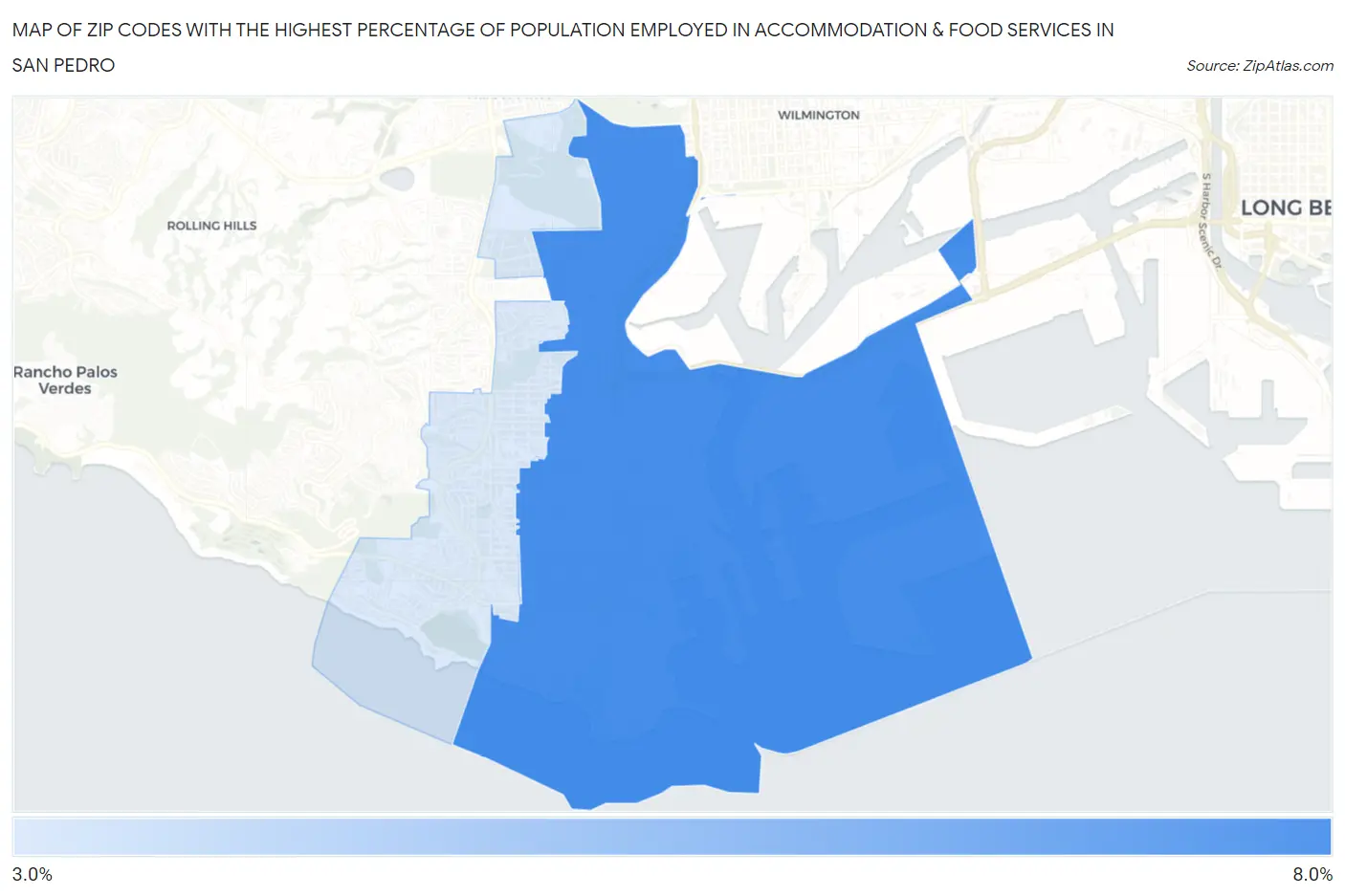 Zip Codes with the Highest Percentage of Population Employed in Accommodation & Food Services in San Pedro Map