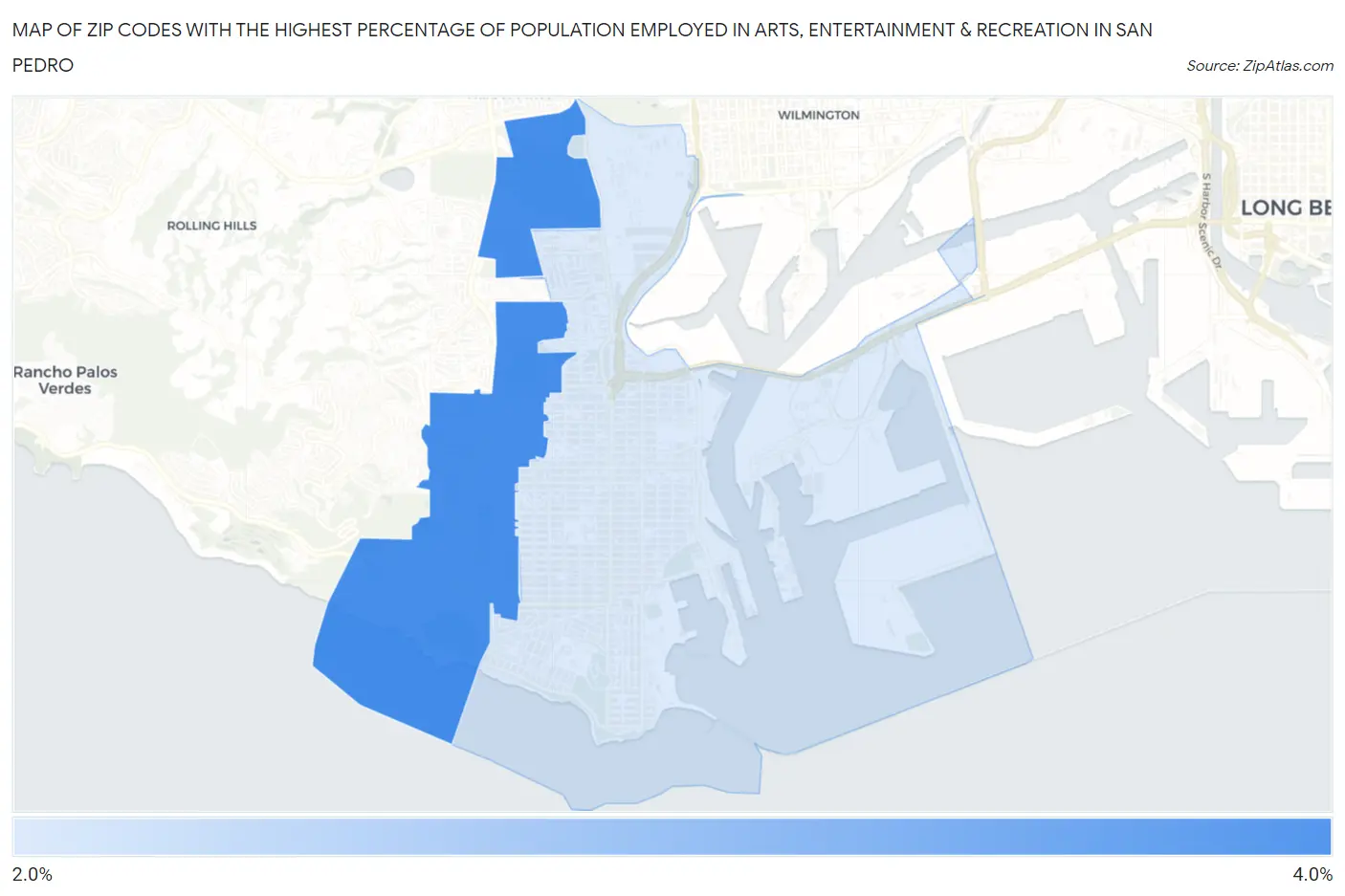 Zip Codes with the Highest Percentage of Population Employed in Arts, Entertainment & Recreation in San Pedro Map