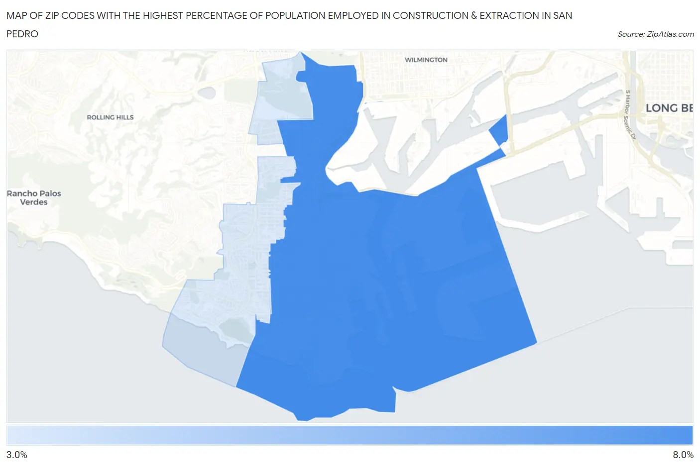 Zip Codes with the Highest Percentage of Population Employed in Construction & Extraction in San Pedro Map