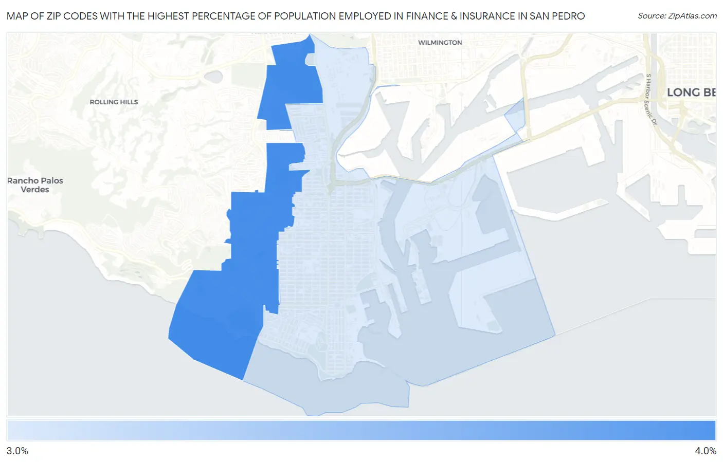Zip Codes with the Highest Percentage of Population Employed in Finance & Insurance in San Pedro Map
