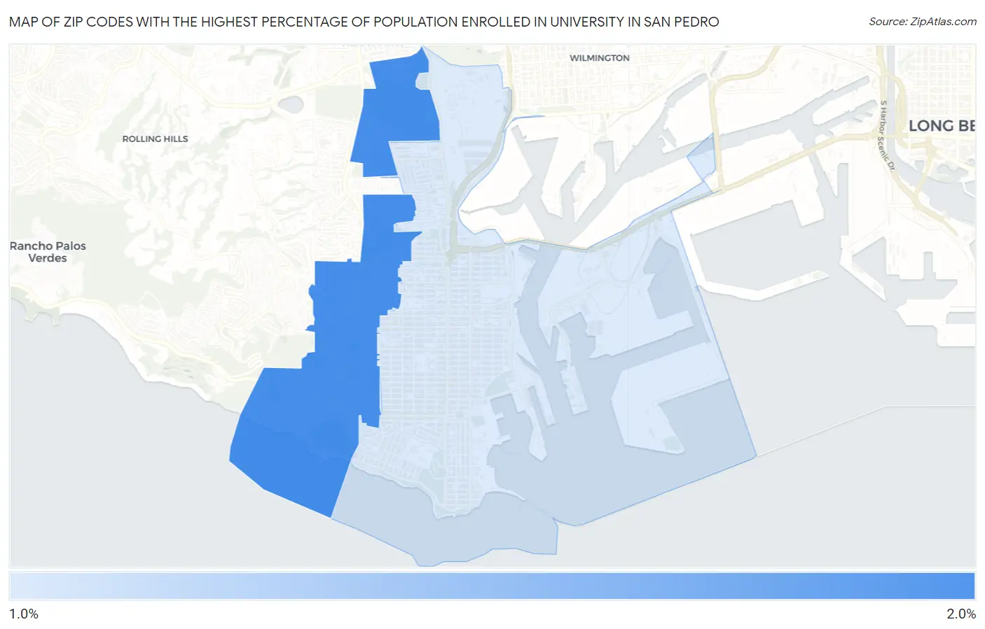 Zip Codes with the Highest Percentage of Population Enrolled in University in San Pedro Map