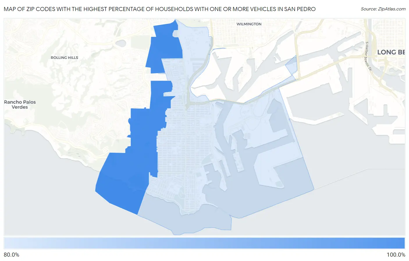 Zip Codes with the Highest Percentage of Households With One or more Vehicles in San Pedro Map