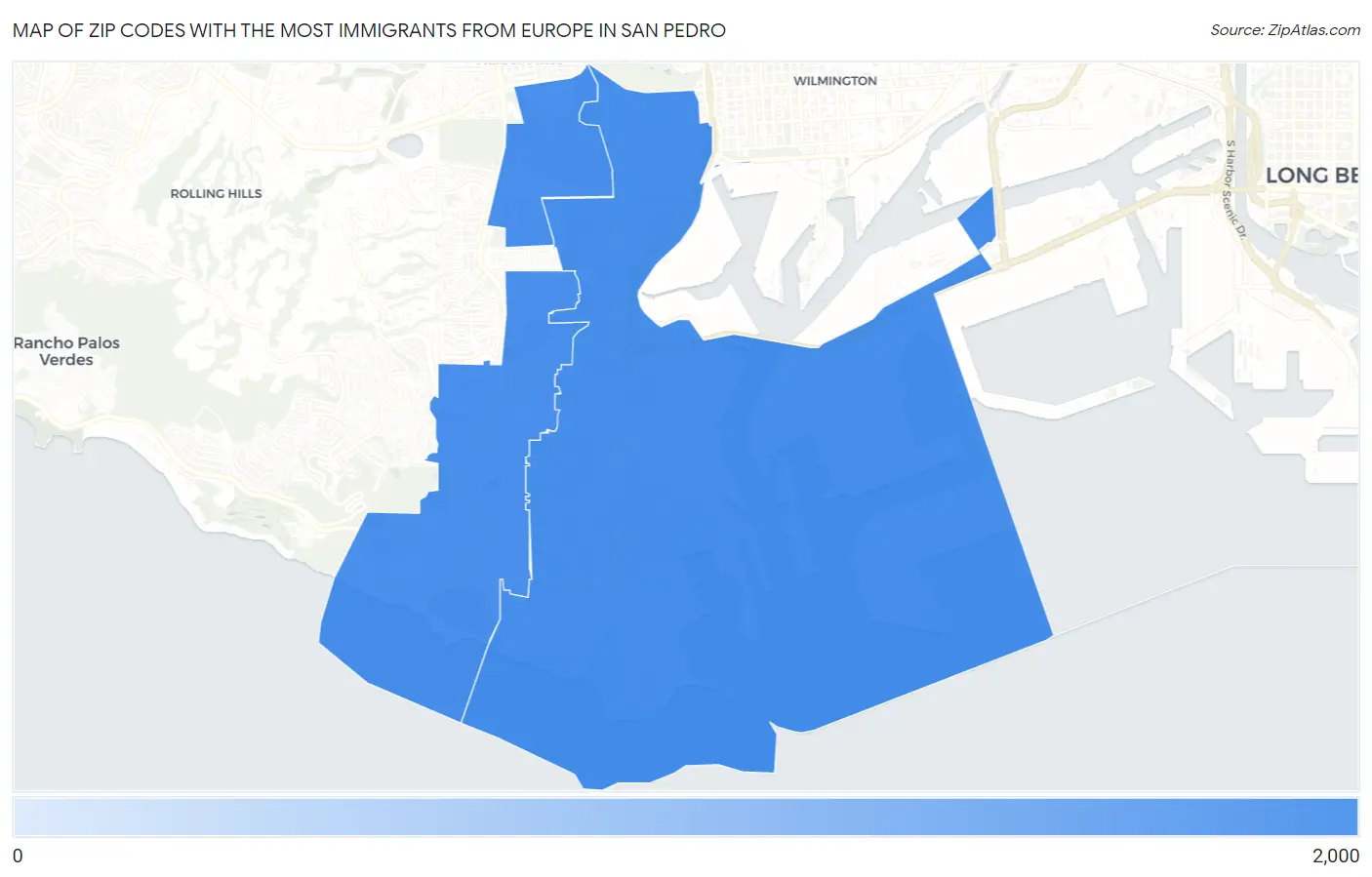 Zip Codes with the Most Immigrants from Europe in San Pedro Map