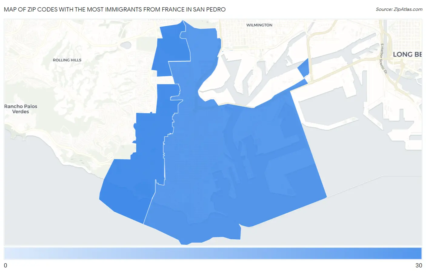 Zip Codes with the Most Immigrants from France in San Pedro Map