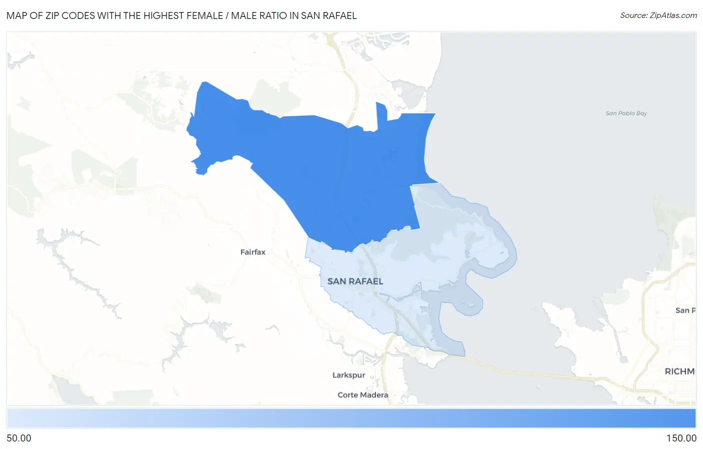 Zip Codes with the Highest Female / Male Ratio in San Rafael Map