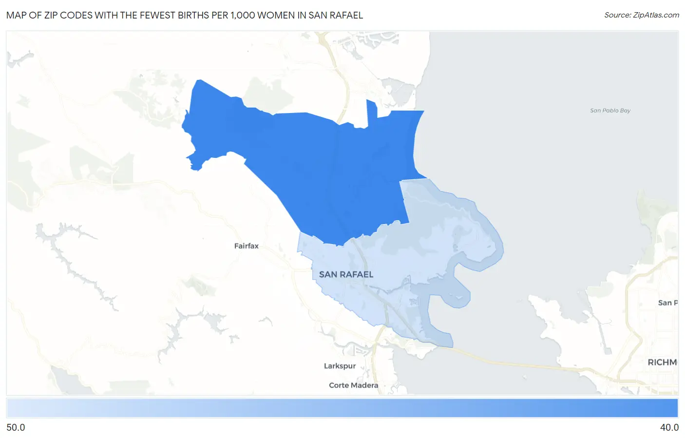 Zip Codes with the Fewest Births per 1,000 Women in San Rafael Map