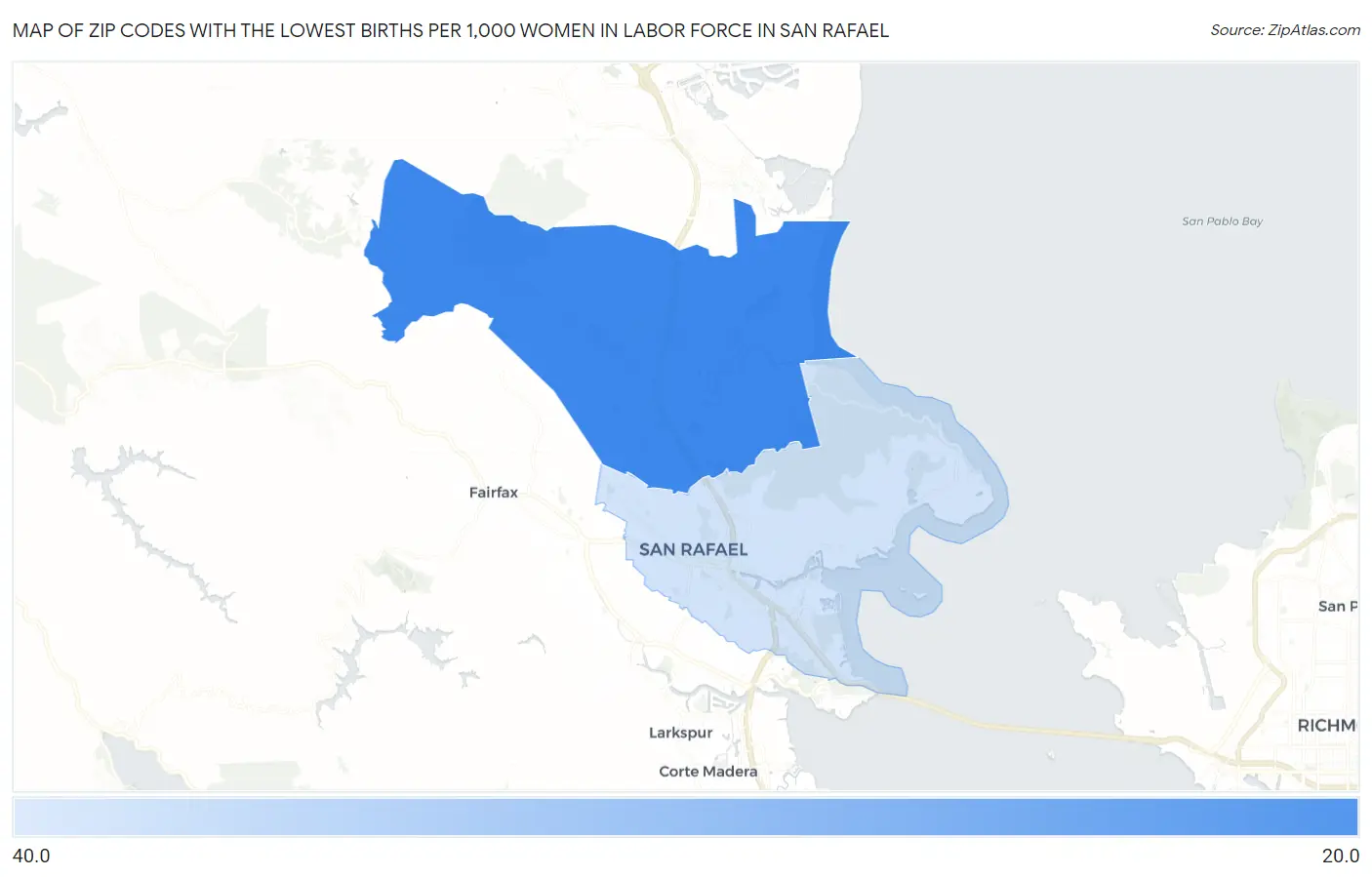 Zip Codes with the Lowest Births per 1,000 Women in Labor Force in San Rafael Map