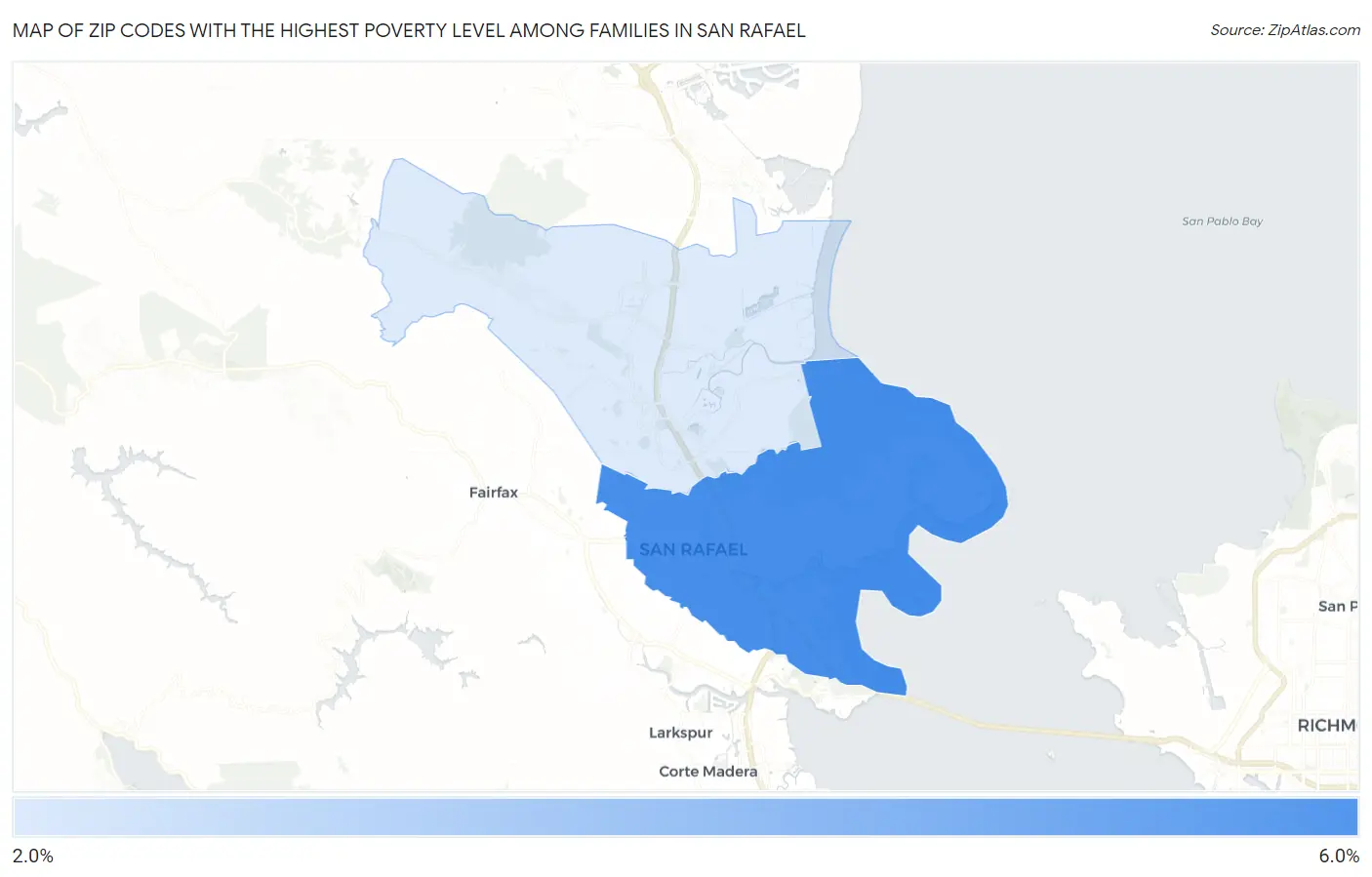 Zip Codes with the Highest Poverty Level Among Families in San Rafael Map