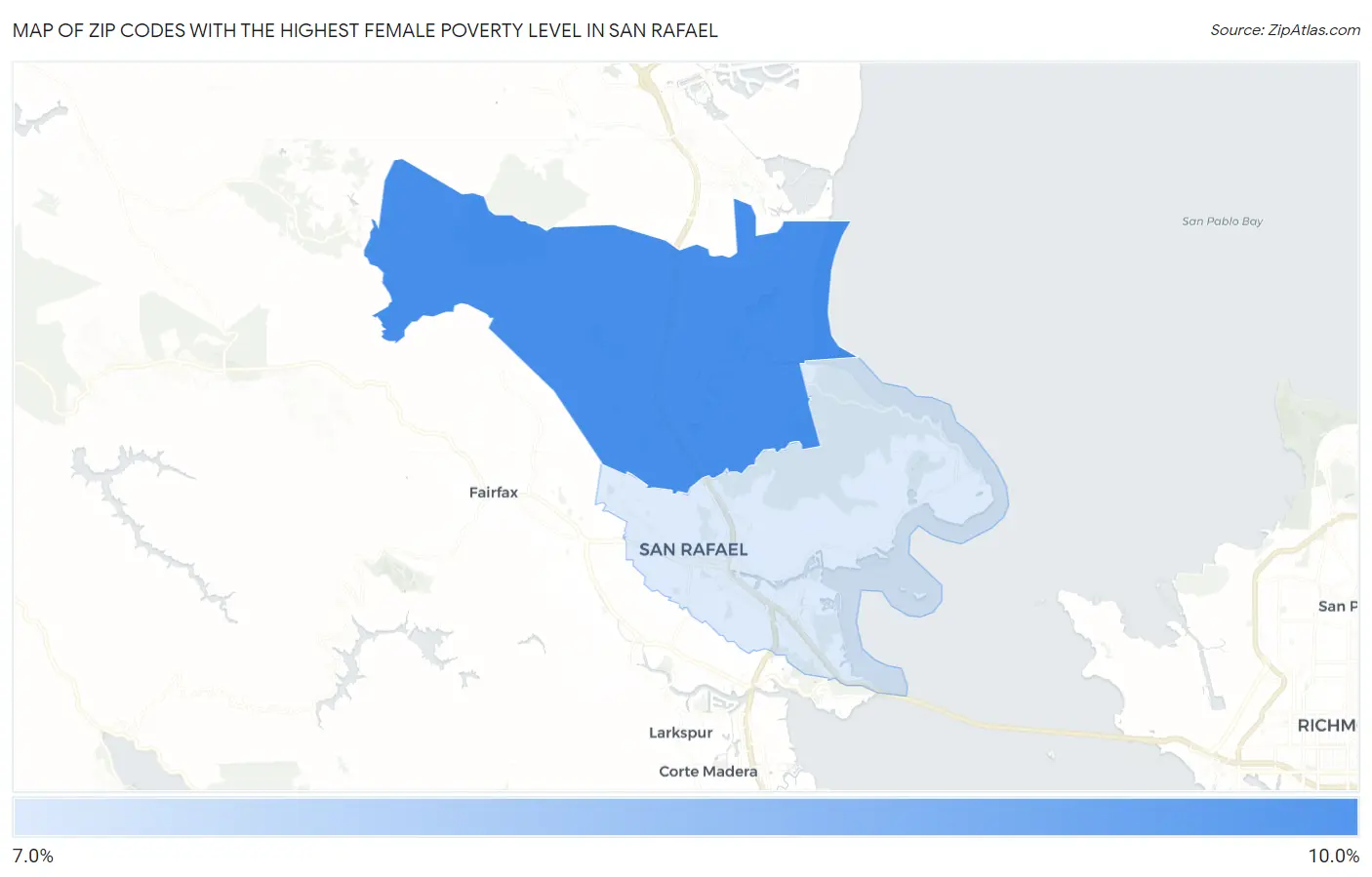 Zip Codes with the Highest Female Poverty Level in San Rafael Map