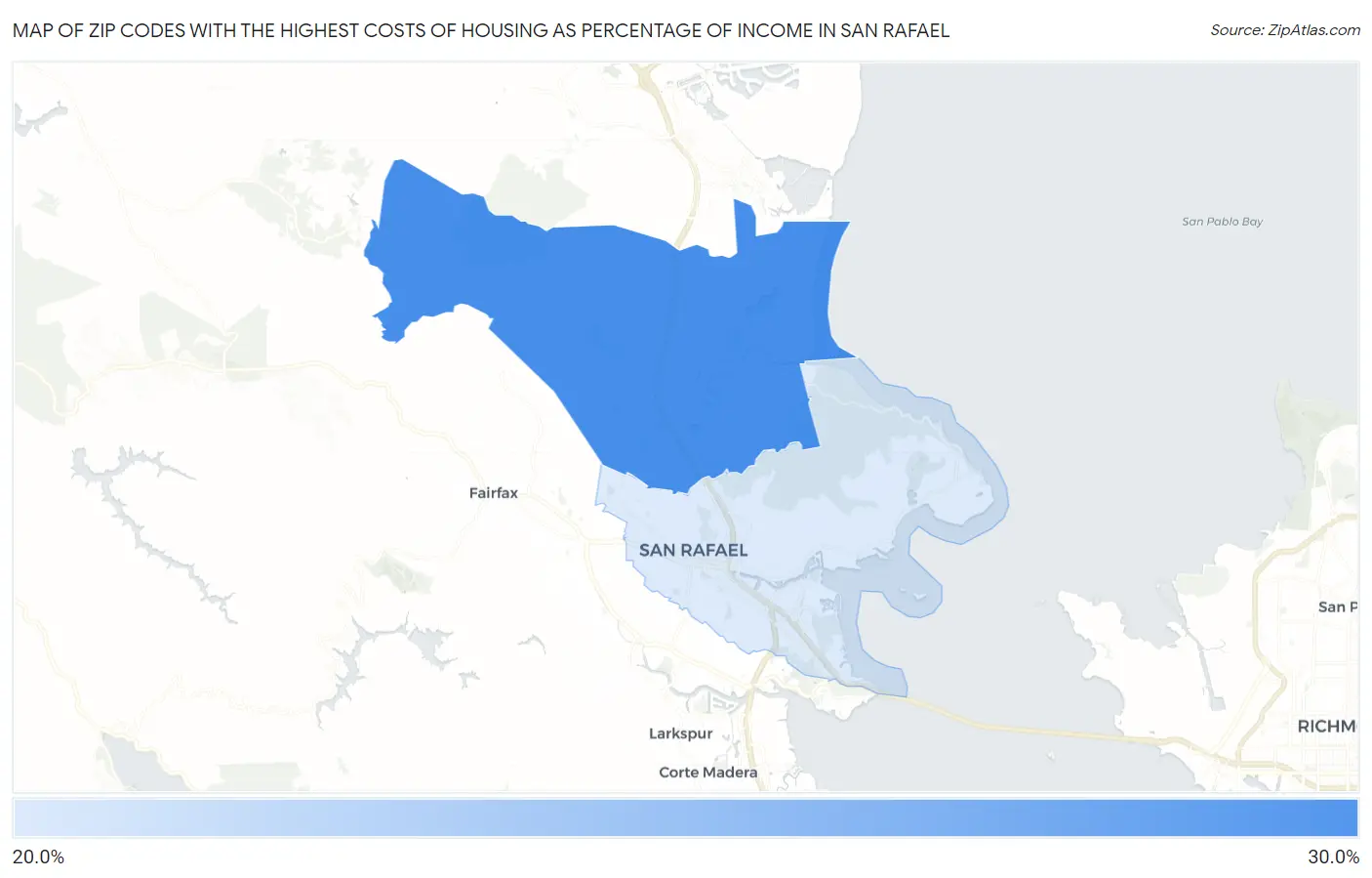 Zip Codes with the Highest Costs of Housing as Percentage of Income in San Rafael Map