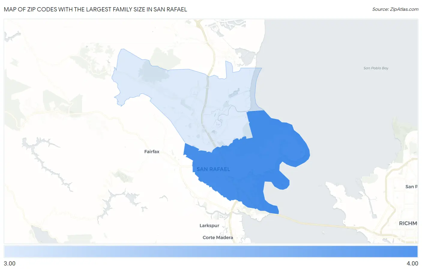 Zip Codes with the Largest Family Size in San Rafael Map