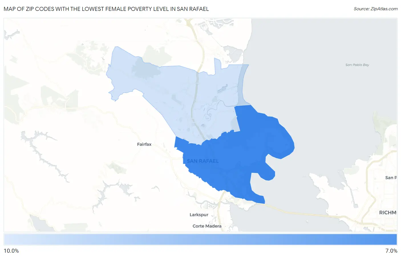Zip Codes with the Lowest Female Poverty Level in San Rafael Map