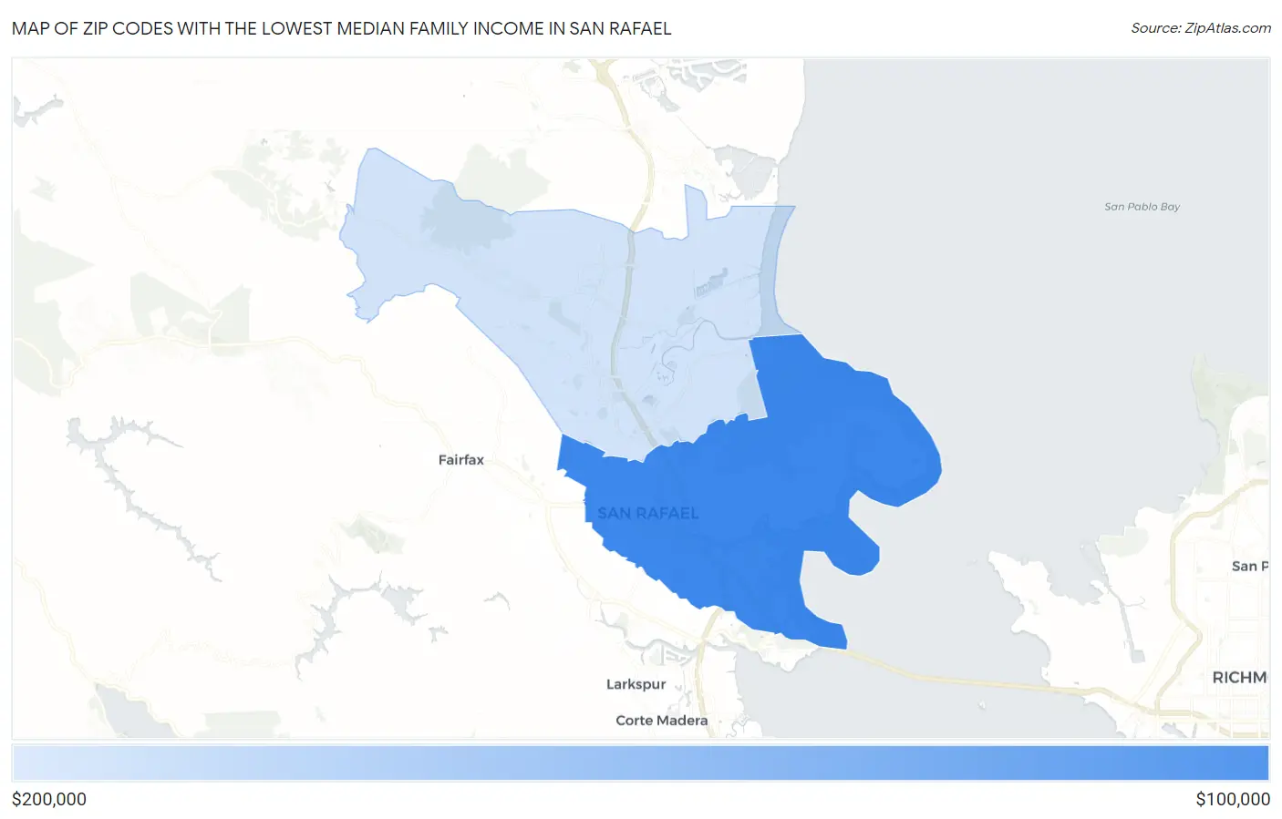 Zip Codes with the Lowest Median Family Income in San Rafael Map