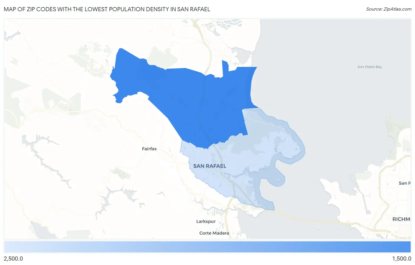 Zip Codes with the Lowest Population Density in San Rafael Map