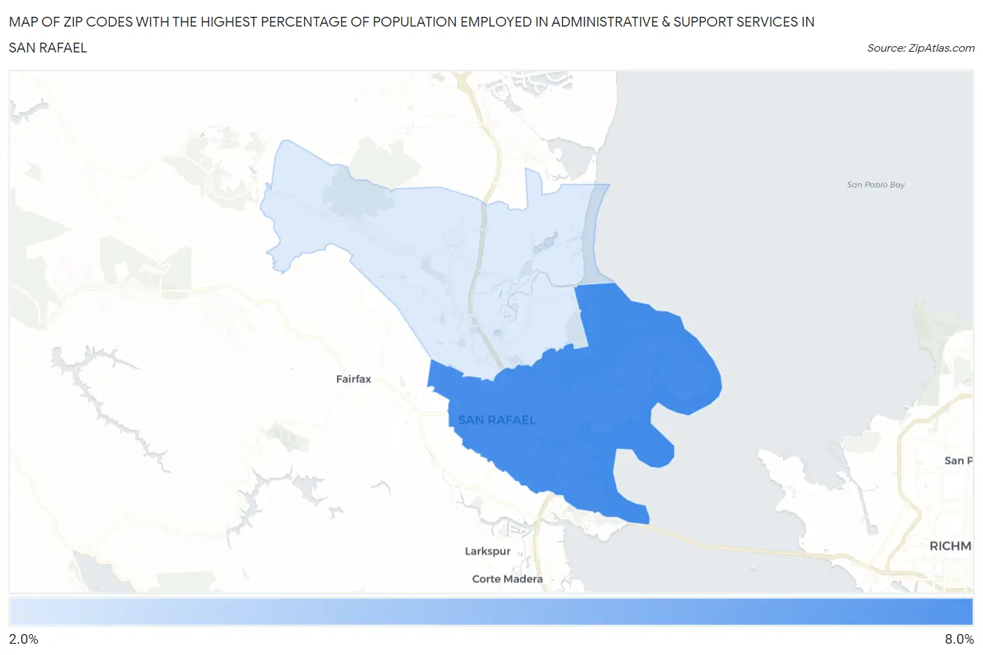 Zip Codes with the Highest Percentage of Population Employed in Administrative & Support Services in San Rafael Map