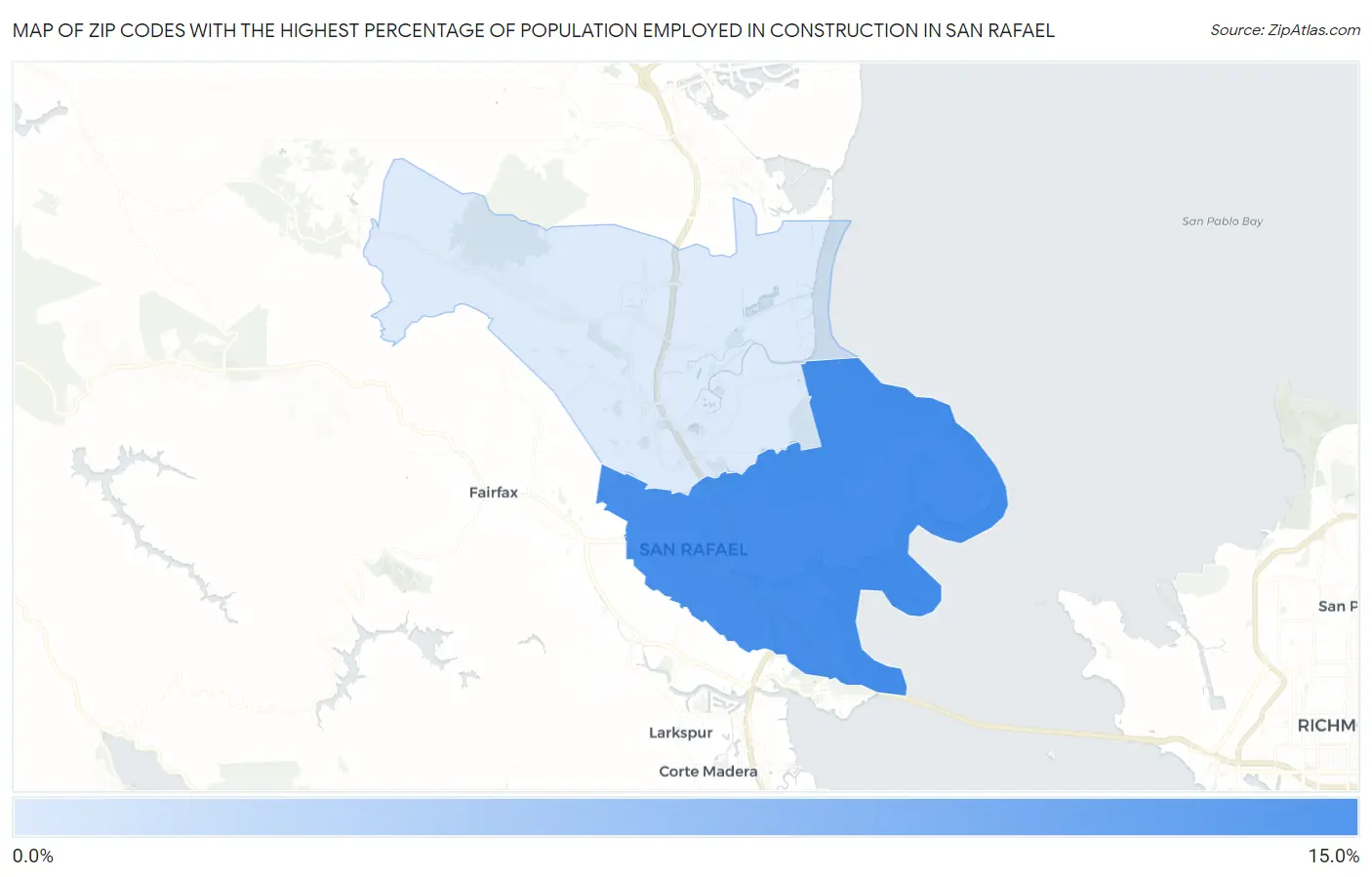 Zip Codes with the Highest Percentage of Population Employed in Construction in San Rafael Map