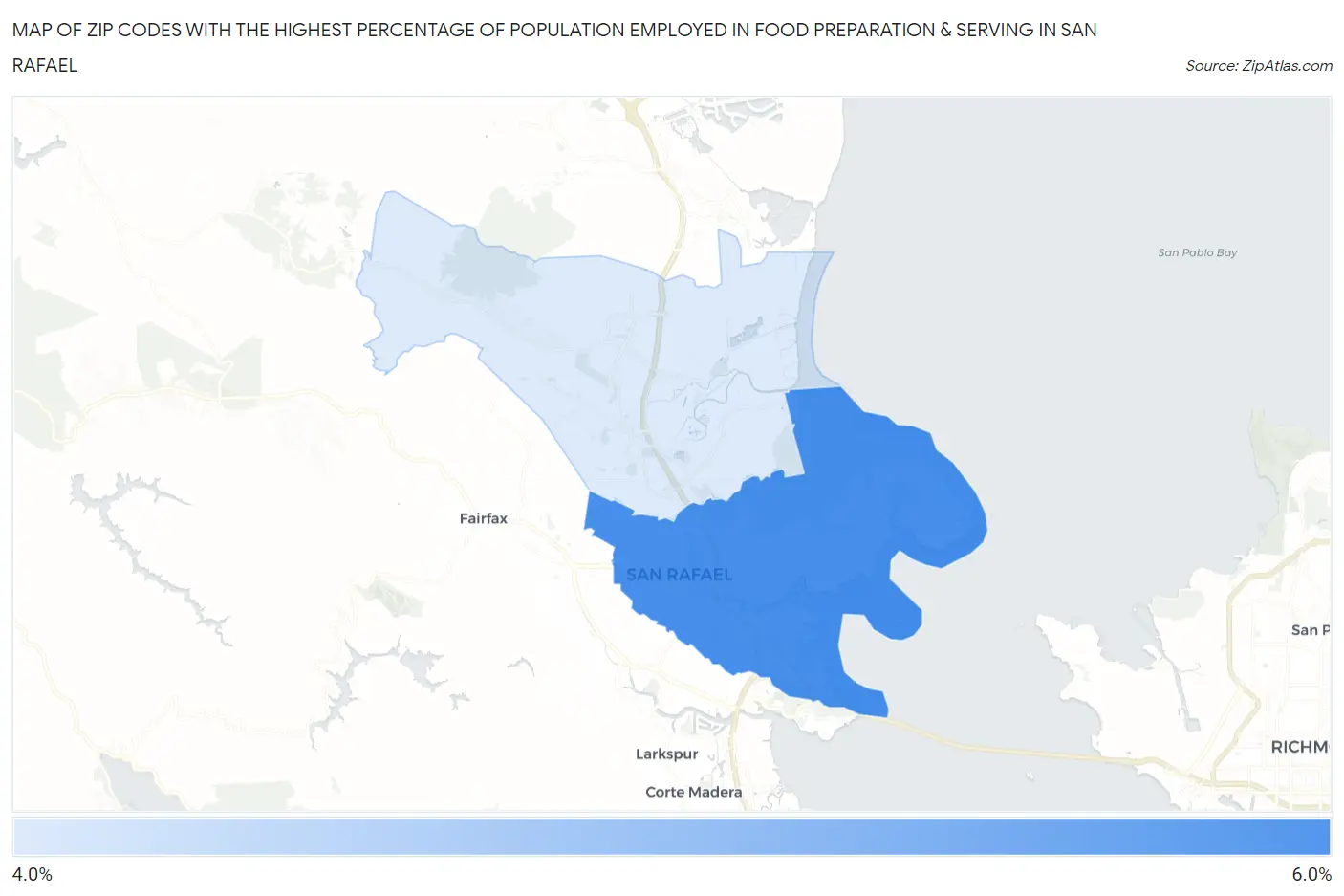 Zip Codes with the Highest Percentage of Population Employed in Food Preparation & Serving in San Rafael Map