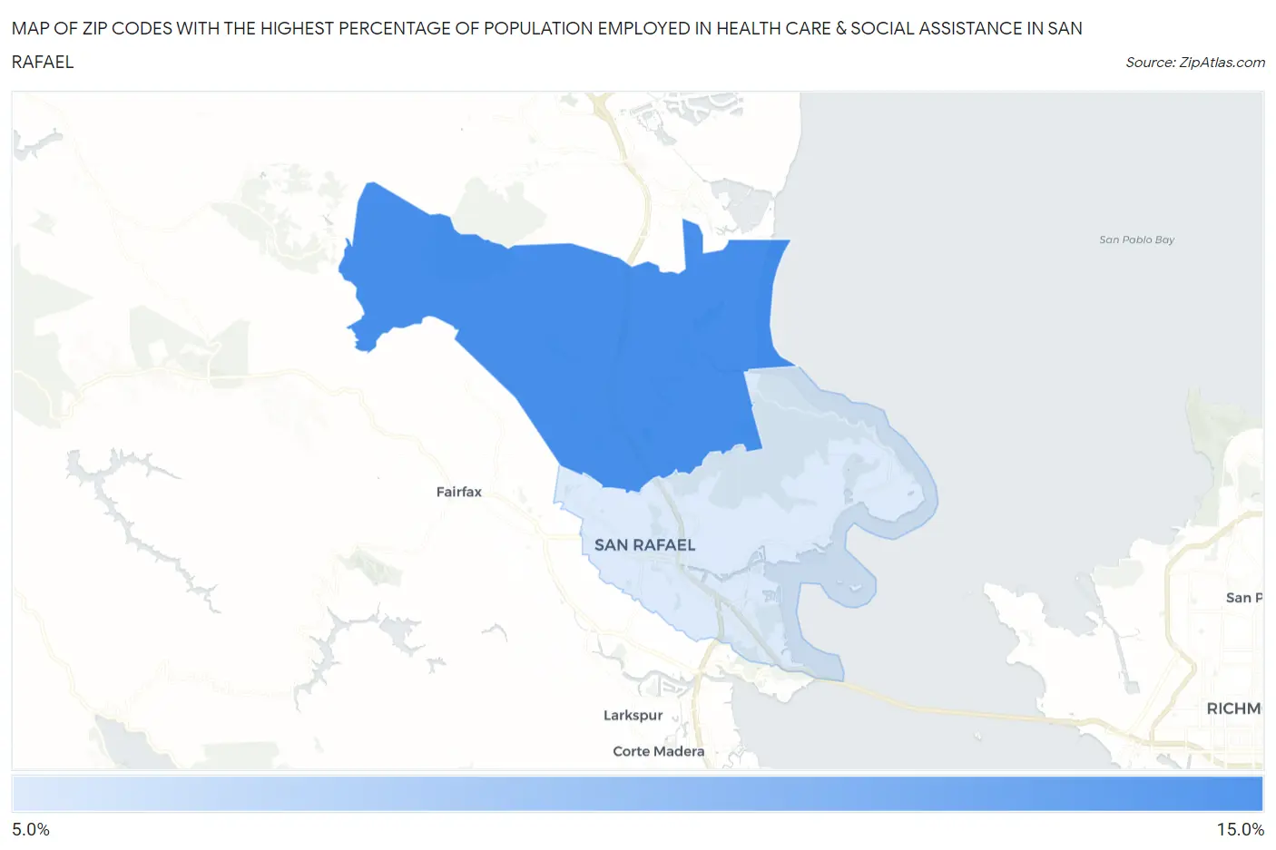 Zip Codes with the Highest Percentage of Population Employed in Health Care & Social Assistance in San Rafael Map