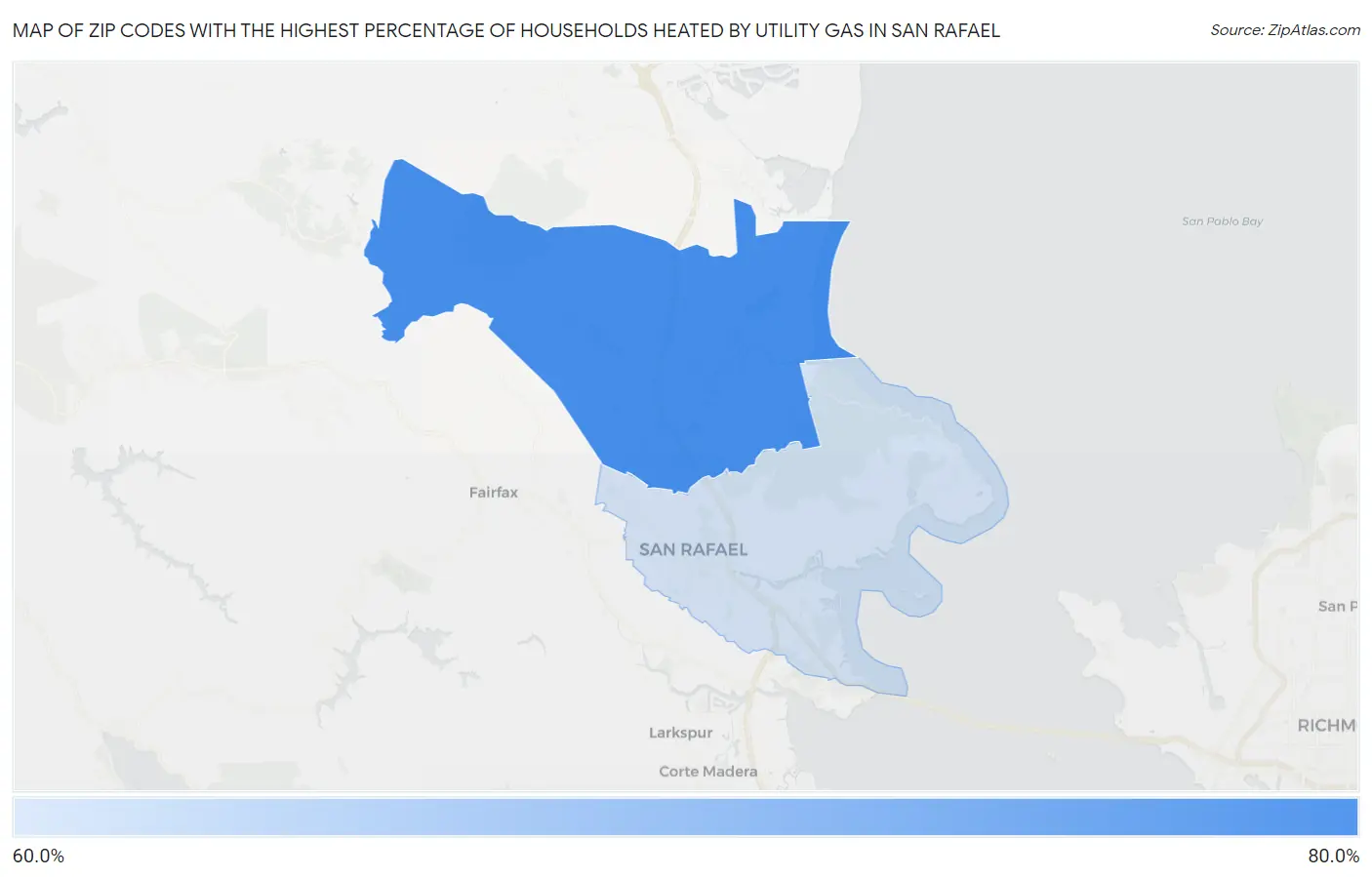 Zip Codes with the Highest Percentage of Households Heated by Utility Gas in San Rafael Map