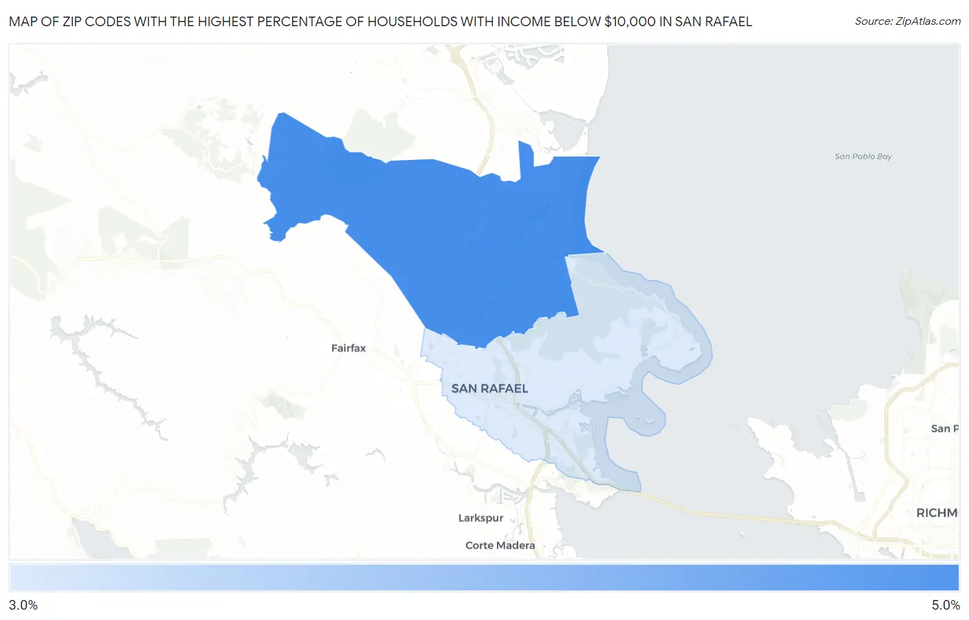 Zip Codes with the Highest Percentage of Households with Income Below $10,000 in San Rafael Map
