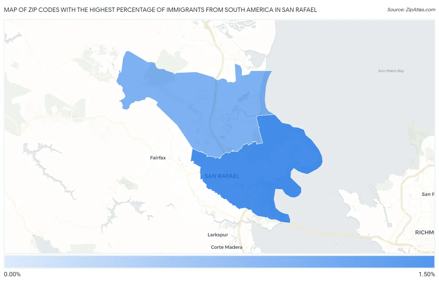 Zip Codes with the Highest Percentage of Immigrants from South America in San Rafael Map