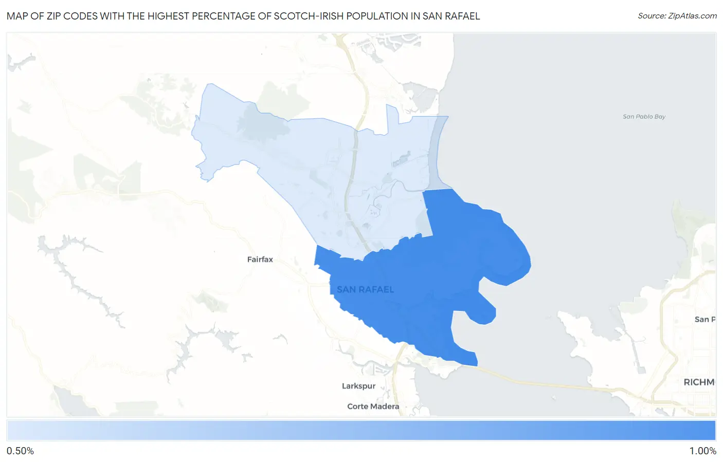 Zip Codes with the Highest Percentage of Scotch-Irish Population in San Rafael Map