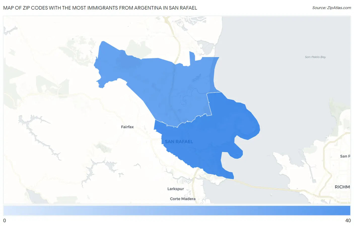 Zip Codes with the Most Immigrants from Argentina in San Rafael Map