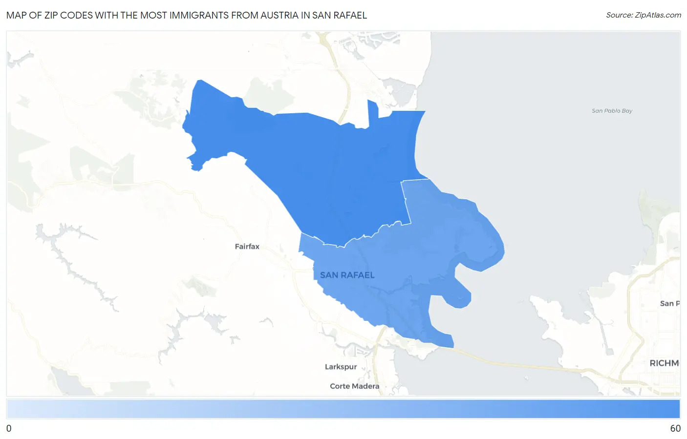 Zip Codes with the Most Immigrants from Austria in San Rafael Map