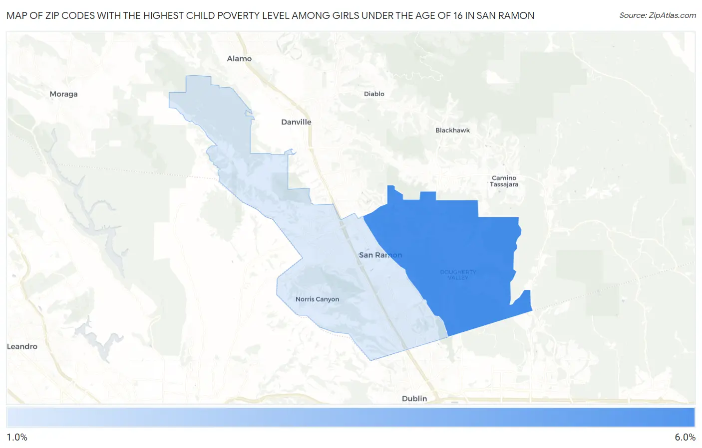 Zip Codes with the Highest Child Poverty Level Among Girls Under the Age of 16 in San Ramon Map