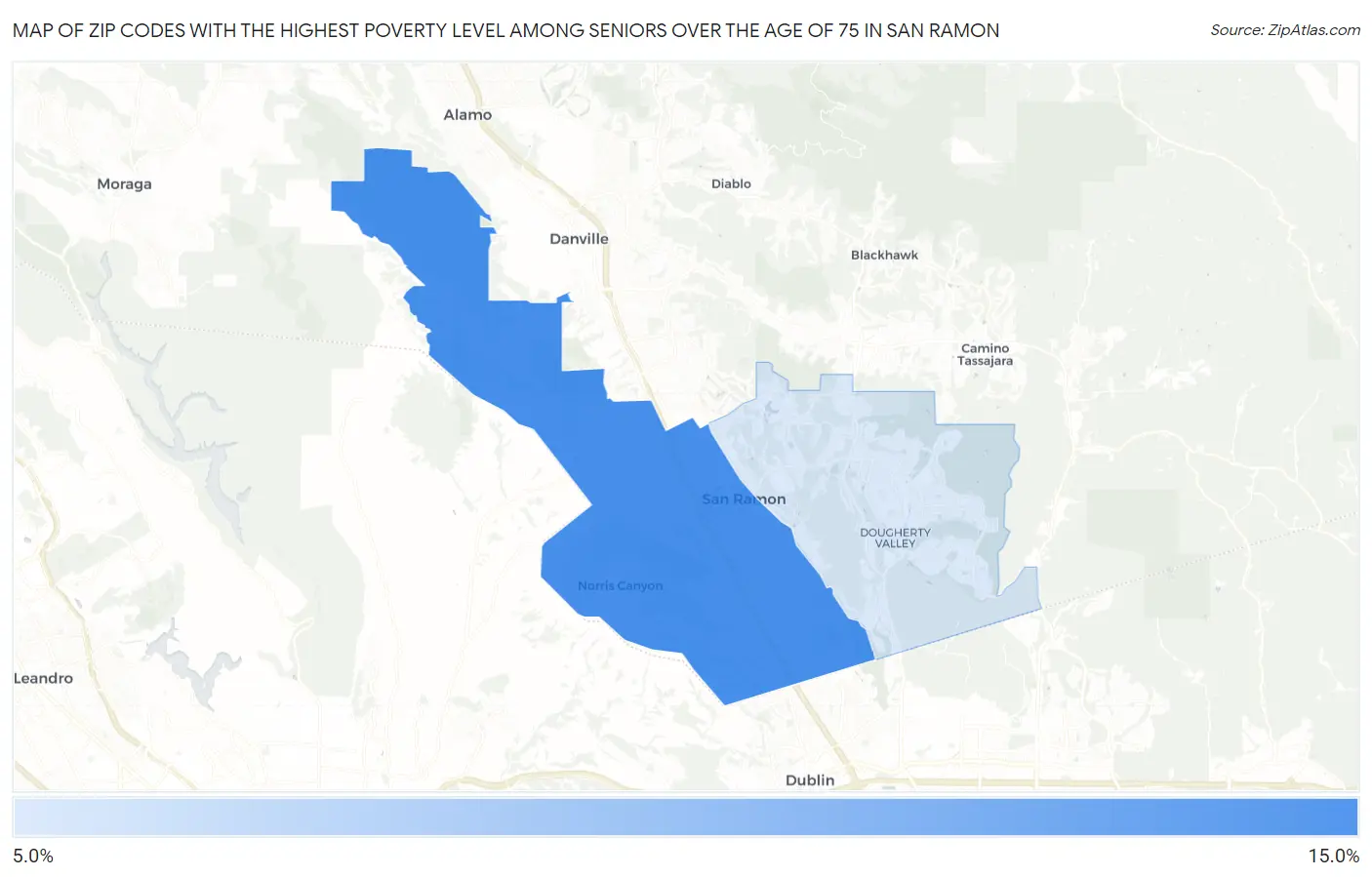 Zip Codes with the Highest Poverty Level Among Seniors Over the Age of 75 in San Ramon Map