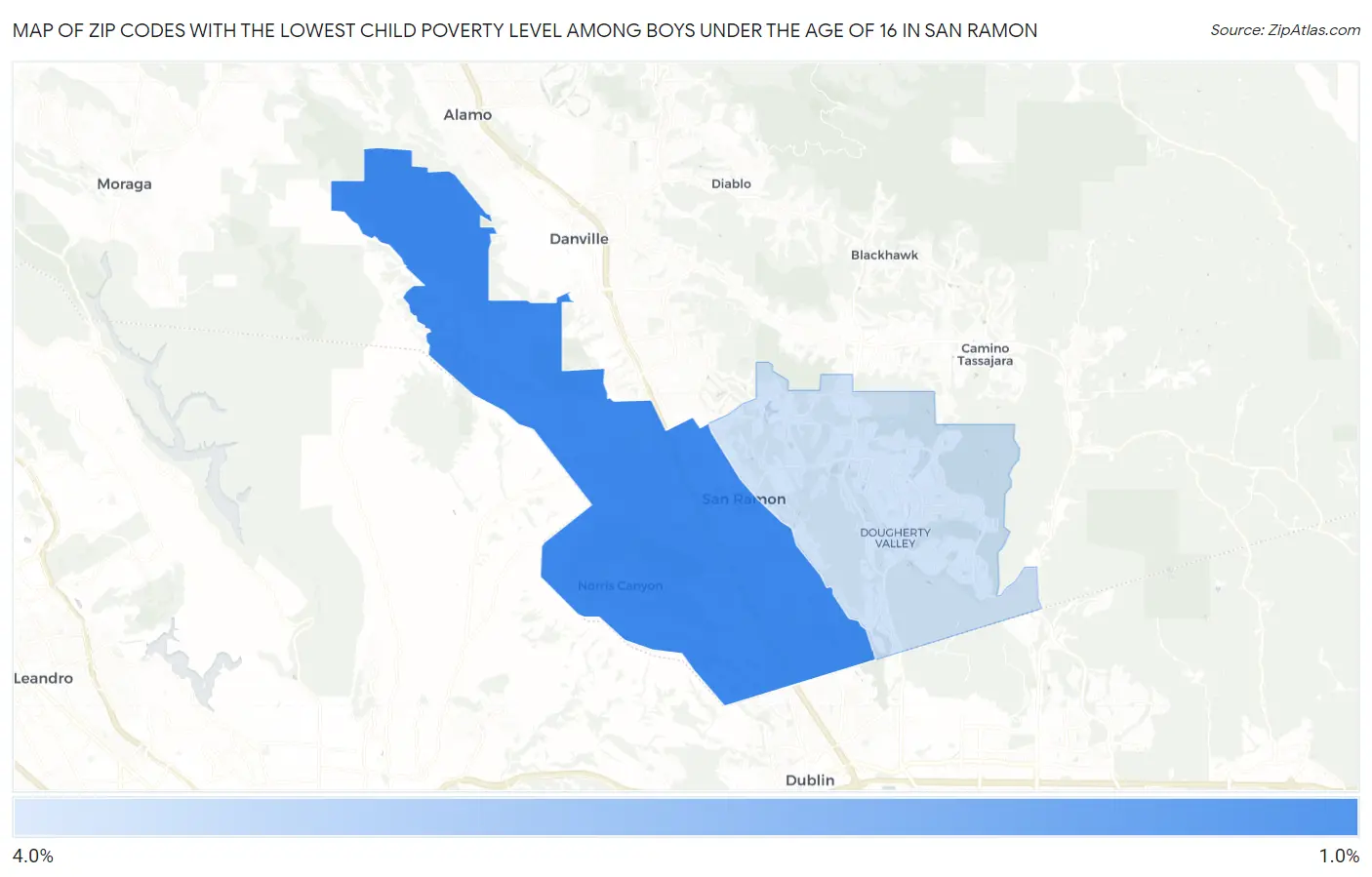 Zip Codes with the Lowest Child Poverty Level Among Boys Under the Age of 16 in San Ramon Map