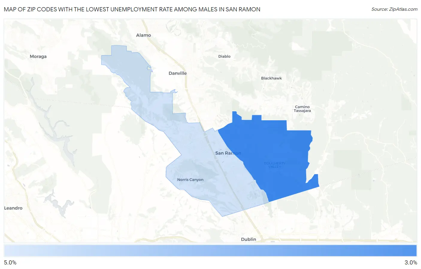 Zip Codes with the Lowest Unemployment Rate Among Males in San Ramon Map