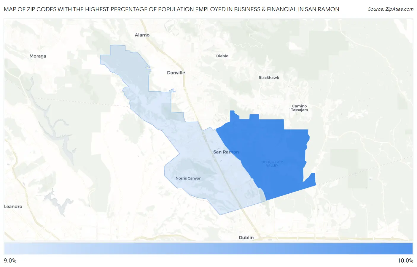 Zip Codes with the Highest Percentage of Population Employed in Business & Financial in San Ramon Map