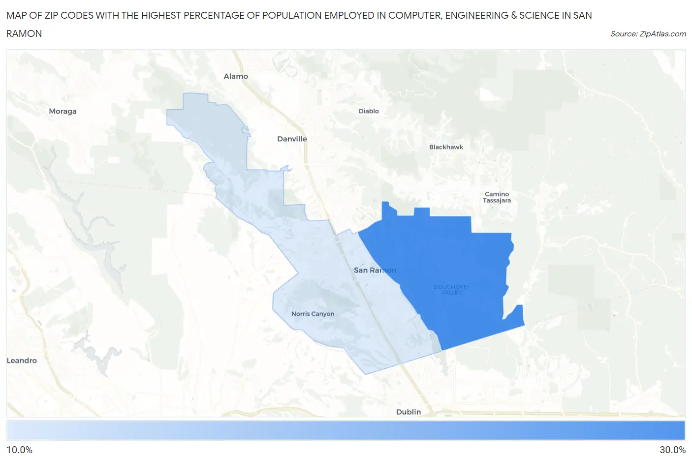 Zip Codes with the Highest Percentage of Population Employed in Computer, Engineering & Science in San Ramon Map