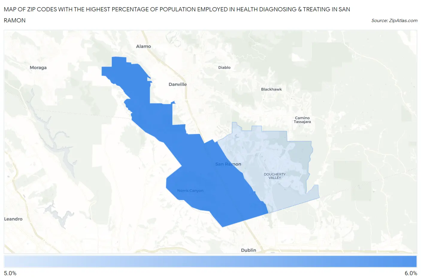 Zip Codes with the Highest Percentage of Population Employed in Health Diagnosing & Treating in San Ramon Map