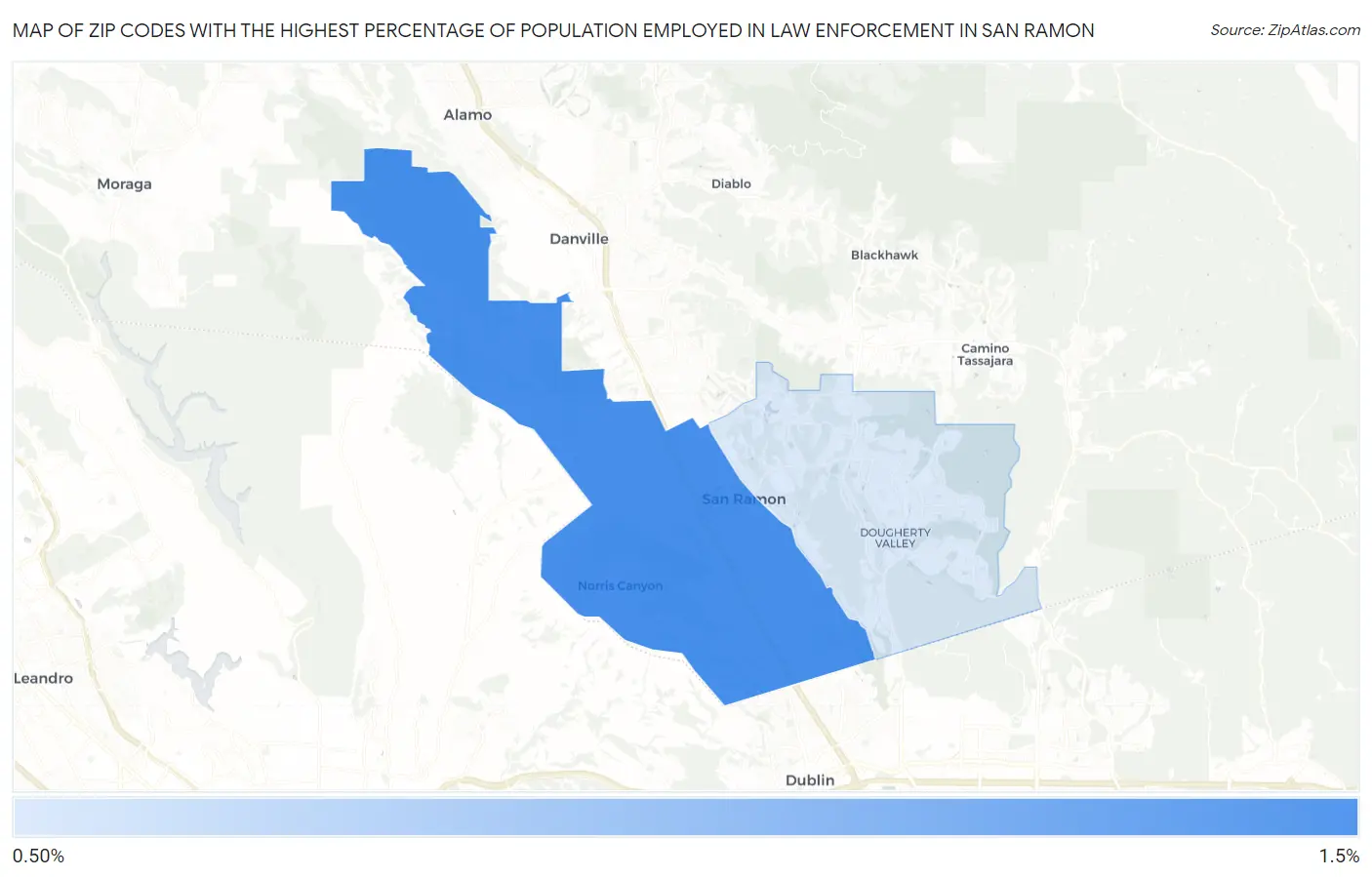 Zip Codes with the Highest Percentage of Population Employed in Law Enforcement in San Ramon Map