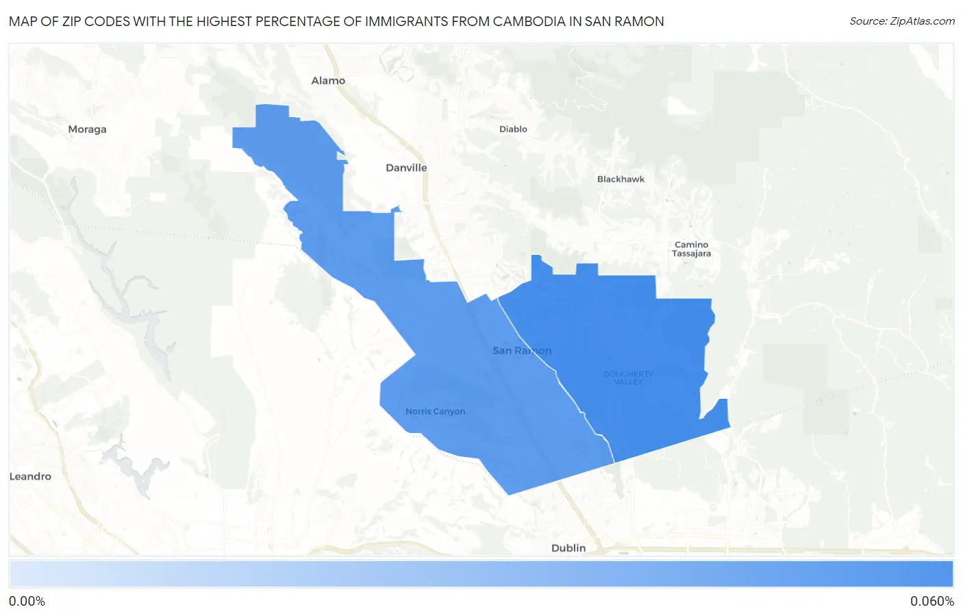 Zip Codes with the Highest Percentage of Immigrants from Cambodia in San Ramon Map