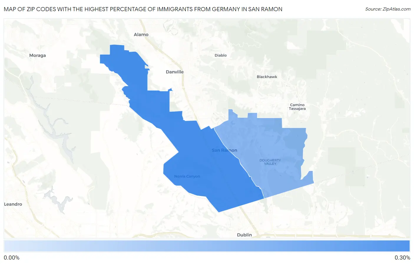 Zip Codes with the Highest Percentage of Immigrants from Germany in San Ramon Map