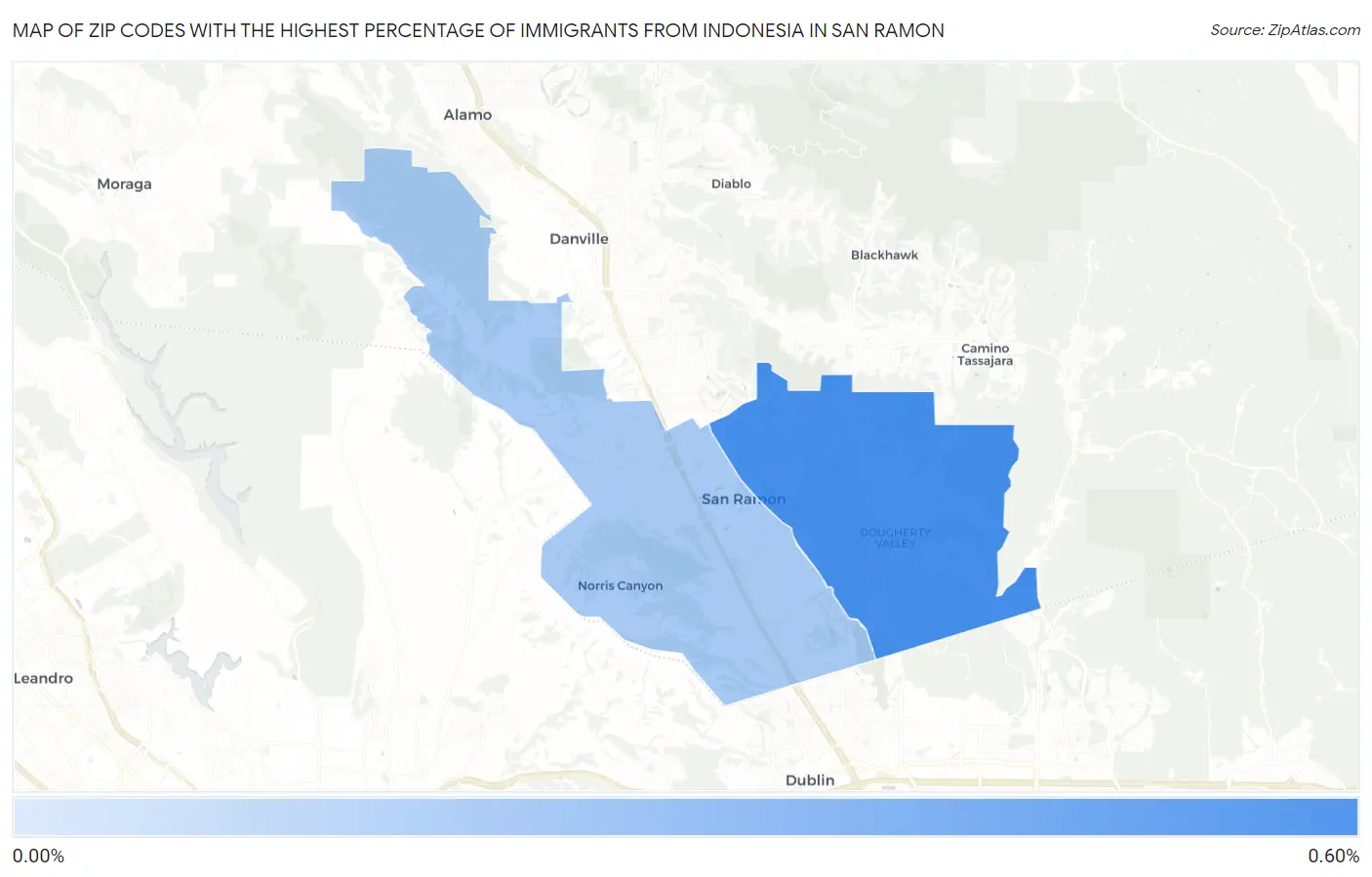 Zip Codes with the Highest Percentage of Immigrants from Indonesia in San Ramon Map