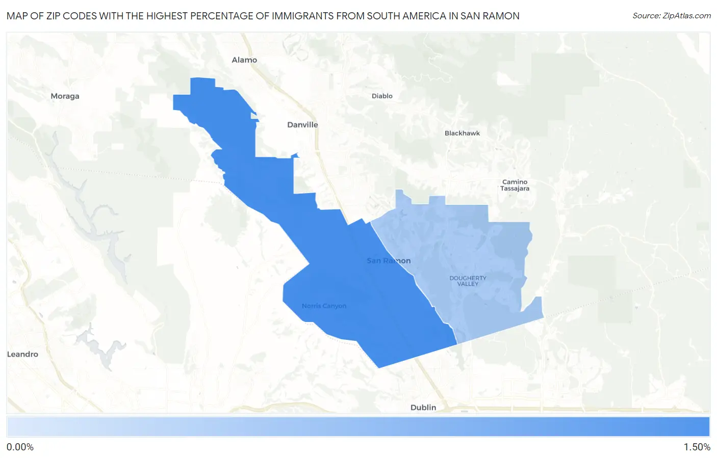 Zip Codes with the Highest Percentage of Immigrants from South America in San Ramon Map