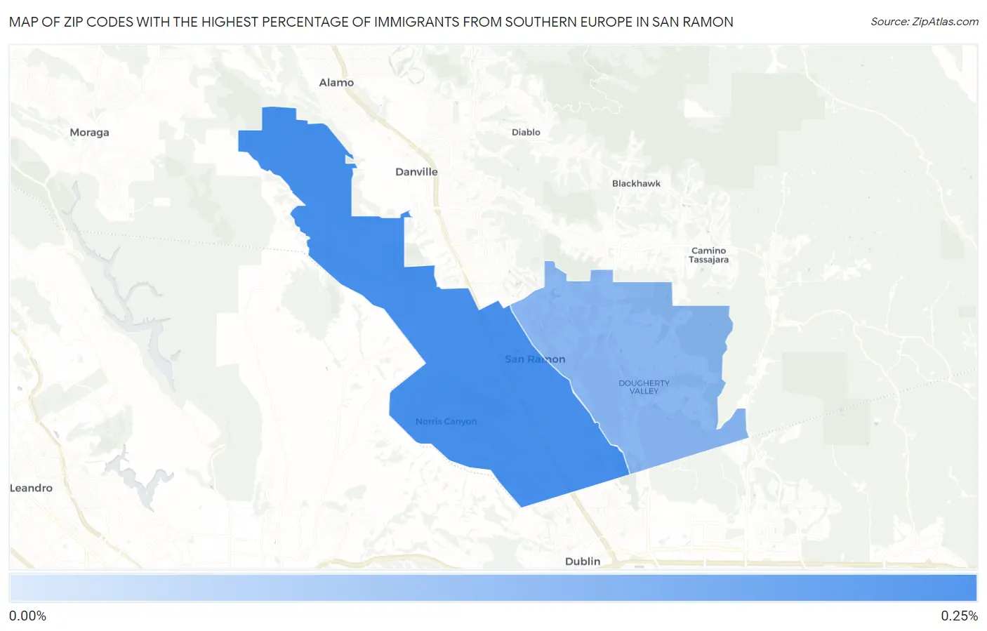 Zip Codes with the Highest Percentage of Immigrants from Southern Europe in San Ramon Map