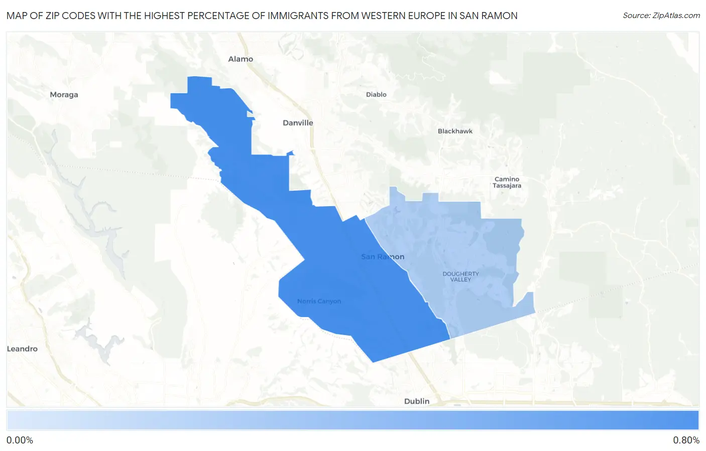 Zip Codes with the Highest Percentage of Immigrants from Western Europe in San Ramon Map