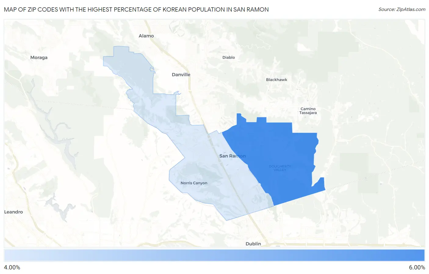 Zip Codes with the Highest Percentage of Korean Population in San Ramon Map