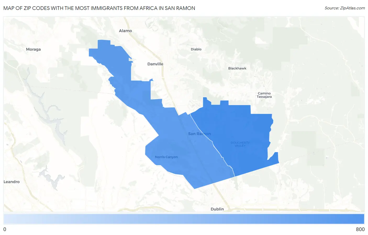 Zip Codes with the Most Immigrants from Africa in San Ramon Map