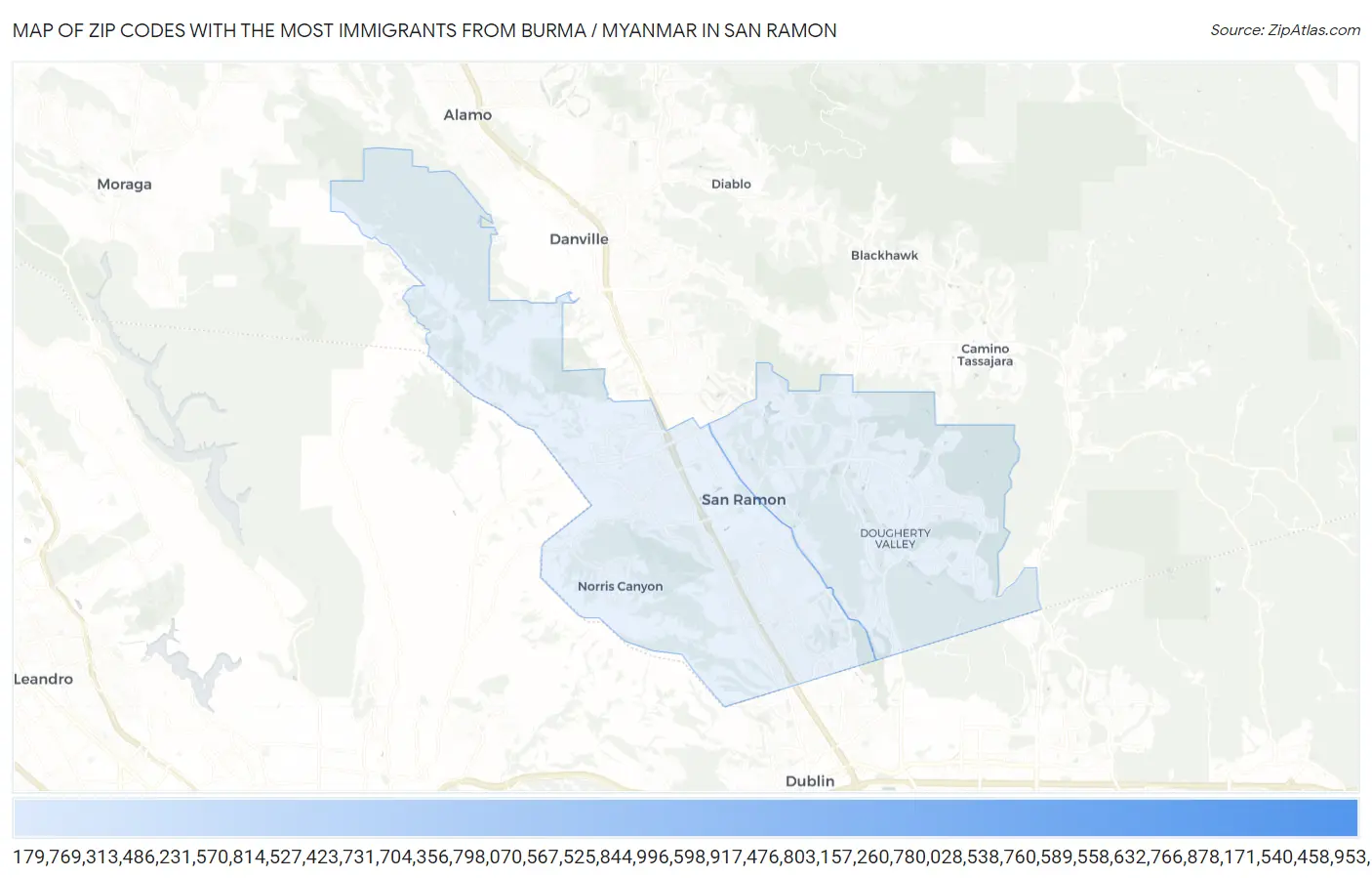 Zip Codes with the Most Immigrants from Burma / Myanmar in San Ramon Map