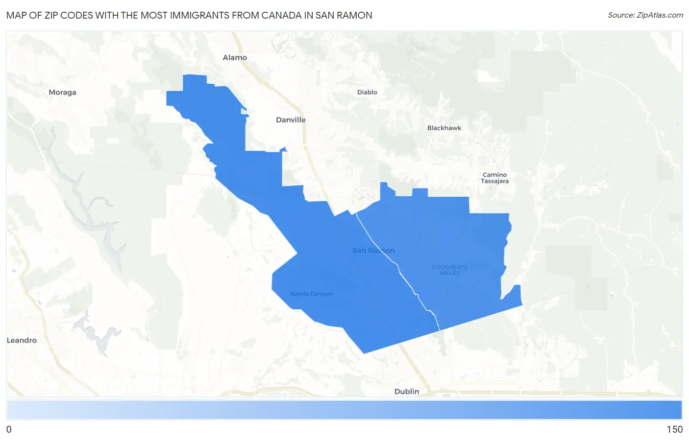 Zip Codes with the Most Immigrants from Canada in San Ramon Map