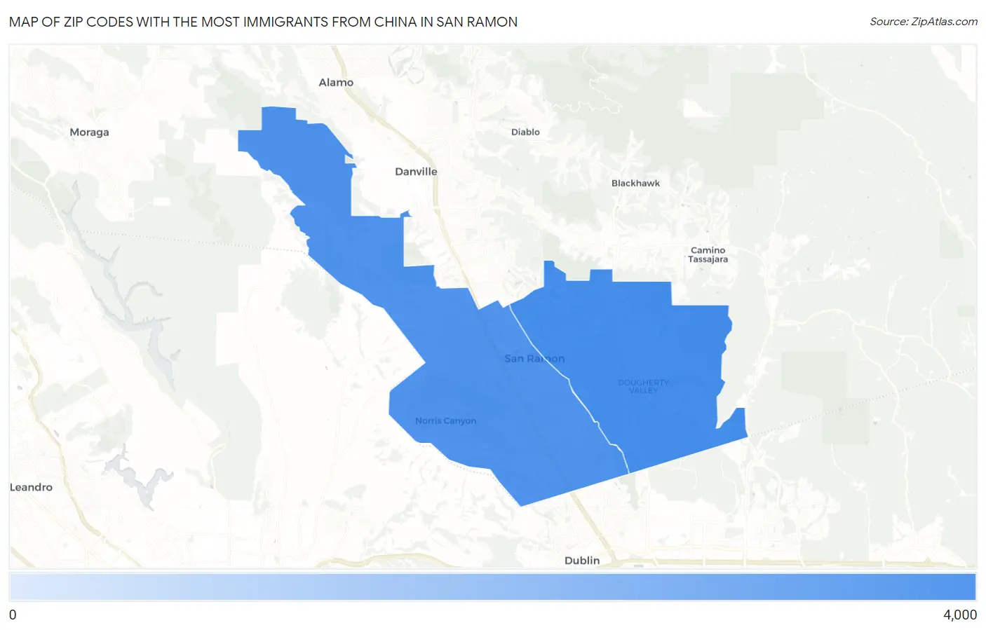 Zip Codes with the Most Immigrants from China in San Ramon Map