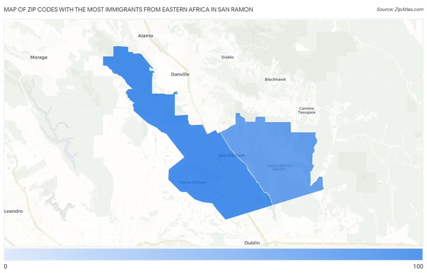 Zip Codes with the Most Immigrants from Eastern Africa in San Ramon Map