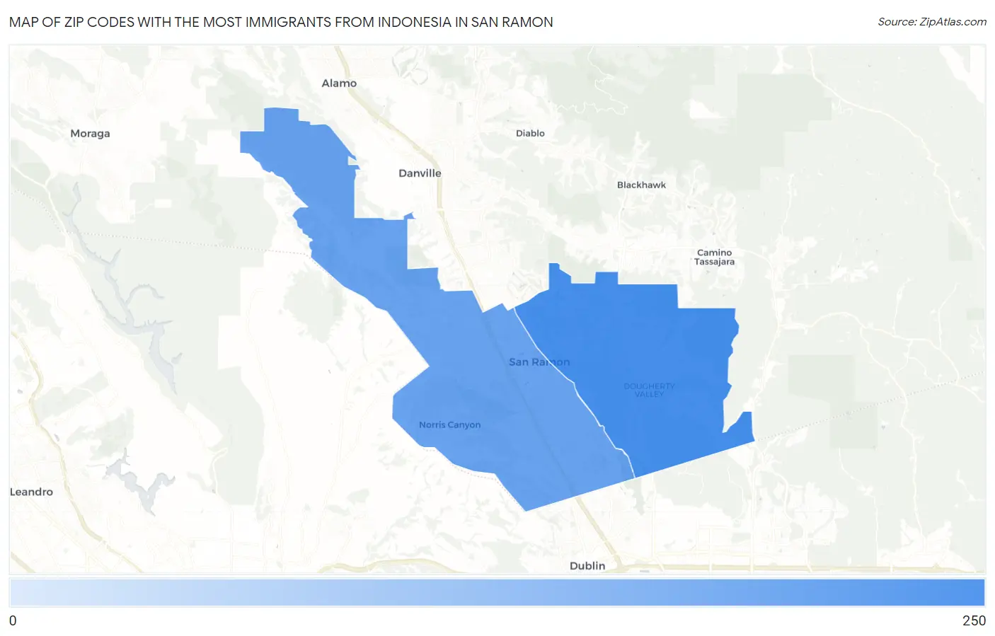 Zip Codes with the Most Immigrants from Indonesia in San Ramon Map